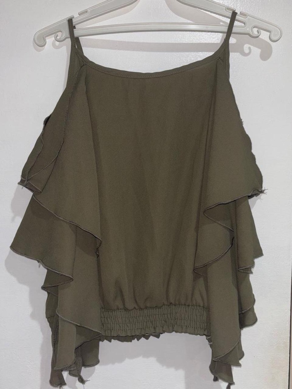 Olive Green Ruffle Cold Shoulder Top